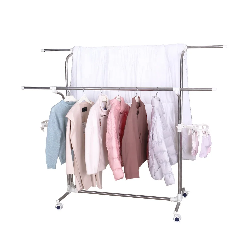 BAOYOUNI Movable Multi Functional Hanging Upright Clothes Telescopic Balcony Laundry Cloth Drying Stand Stainless Steel Rack