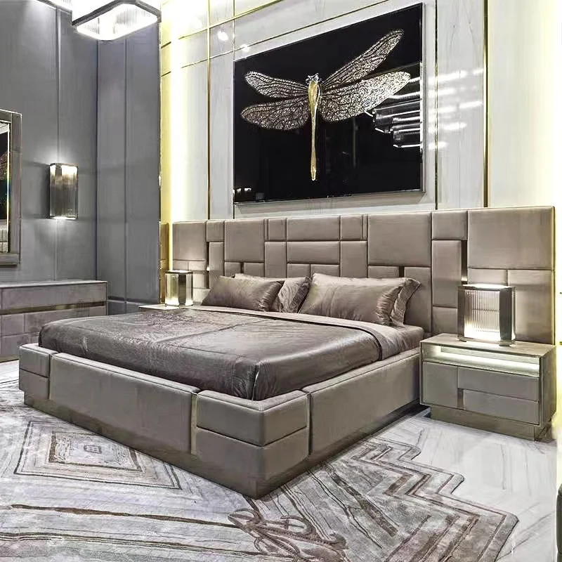New Design Italian Furniture Storage Metal Classic Bedroom Sets Wedding Queen King Size Bed Modern Genuine Leather Luxury Bed