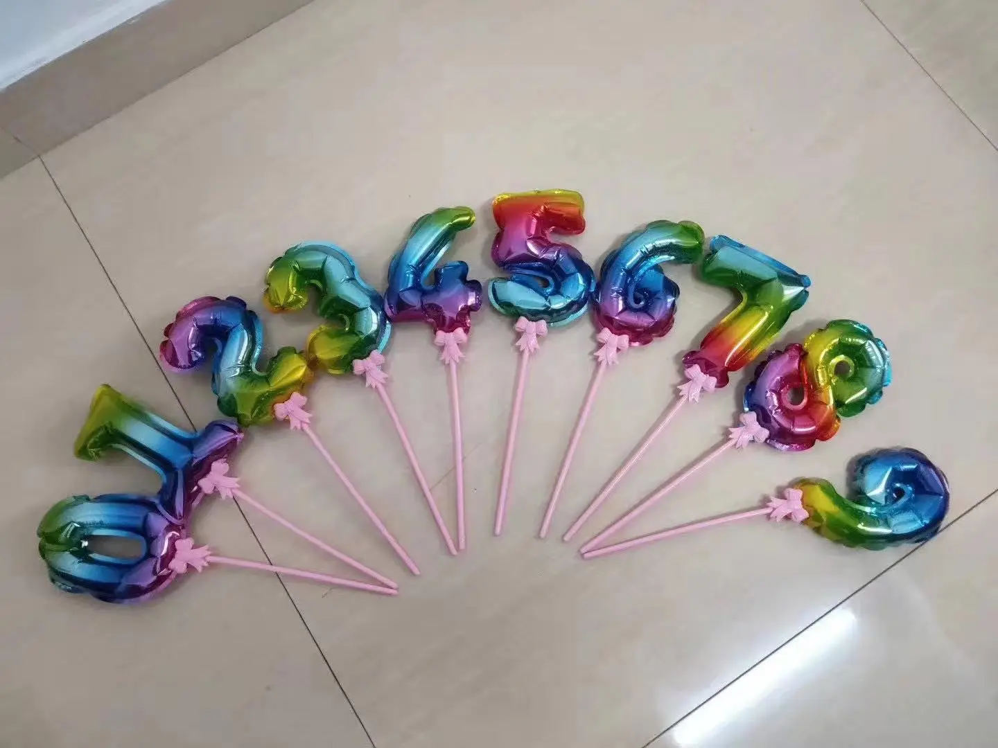 Hot Selling 5inch Self-inflatable Gold Silver Number 0-9  Foil Balloon Cake Stick Decoration Birthday Cake Topper Balloon Stick