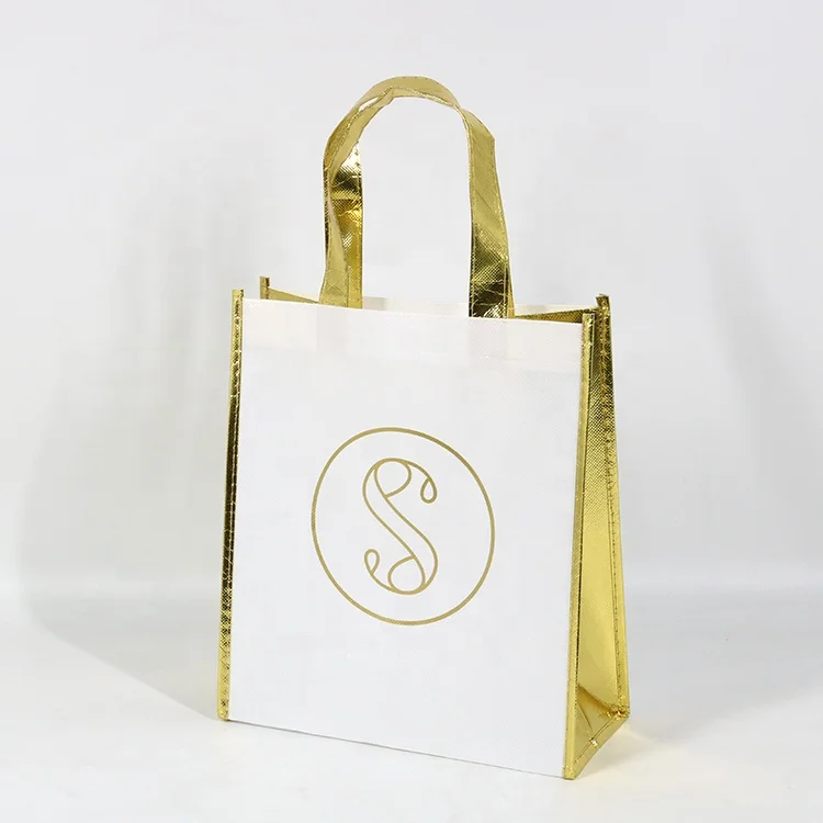 Custom Logo Printing Luxury Gold Metallic Gift Laser Non Woven Bag Reusable Tote Shopping Bag