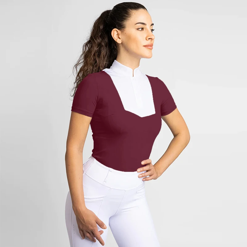 Hot Sale Burgundy Classic Equestrian Clothing Horse Riding Tops Women Competition Show Shirts Racing Soft  Short Sleeve T-shirts