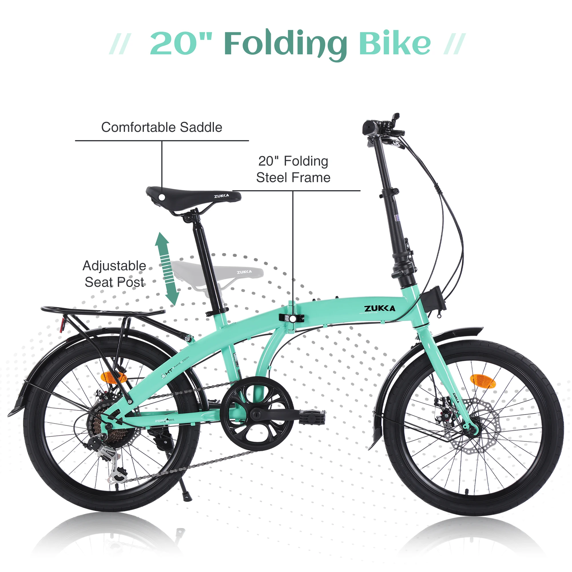ZUKKA 20' Folding Bicycle With Steel Frame and Disc Brake 7 Speed Gear Foldable Bike Commuter Junior Folding Bike