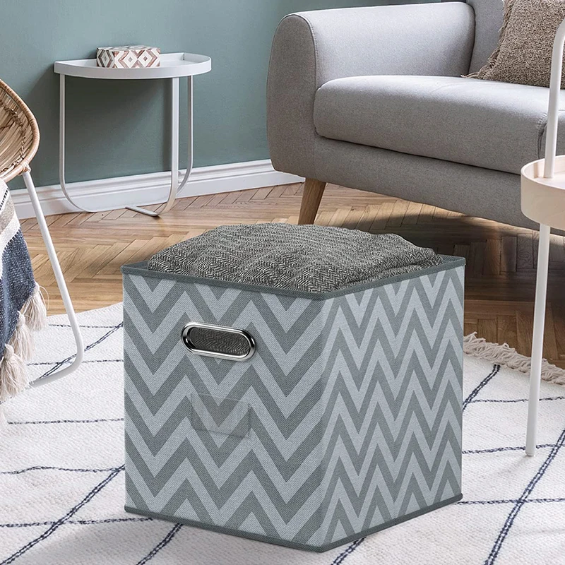 Custom 12' Square Collapsible Storage Basket Wave Pattern Non-woven Fabric Cube Folding Storage Box Bin with Metal Handle