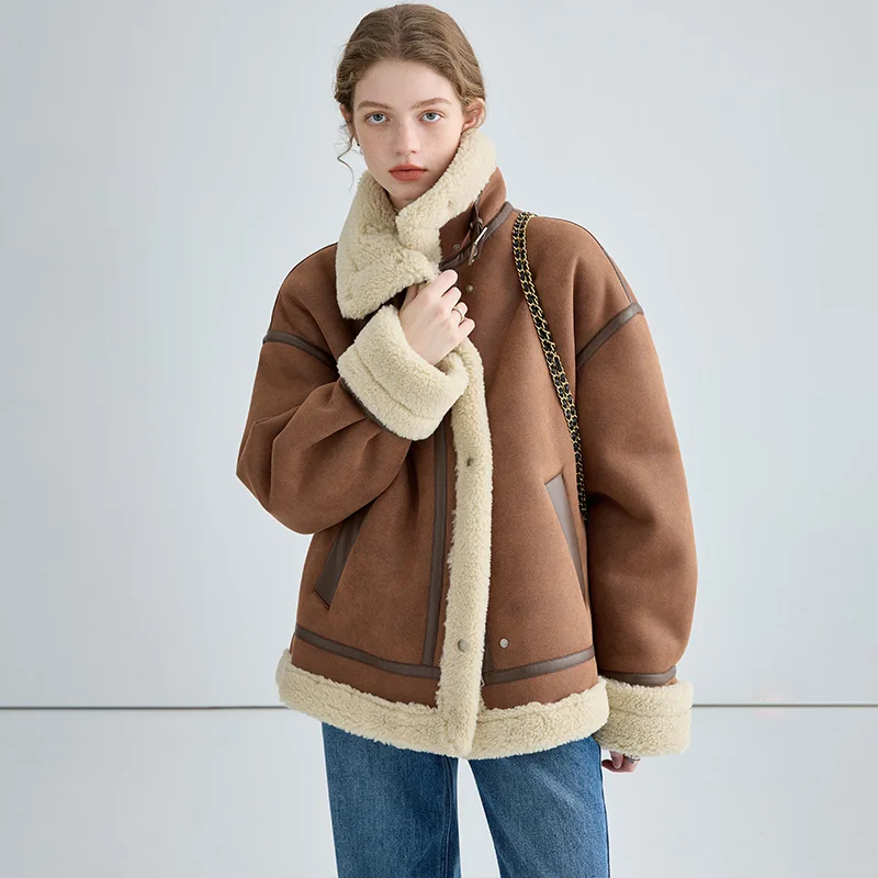 Vega Chang 2025 Winter New Motorcycle Style Imitation Fur One Short Coat   Thick Plush Coat