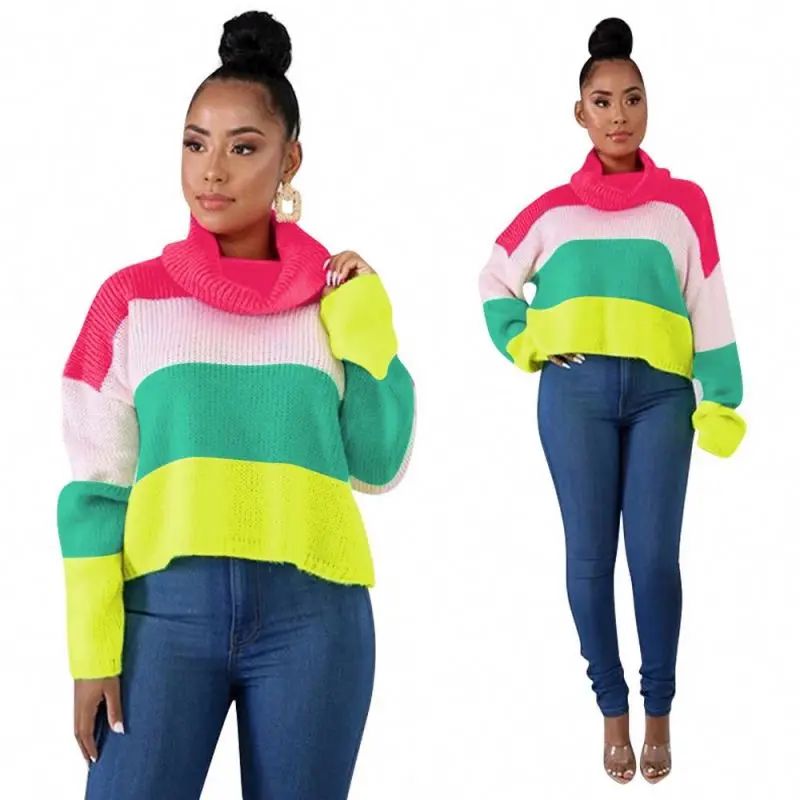 
CY122 Super stretch turtleneck colored striped sweater 