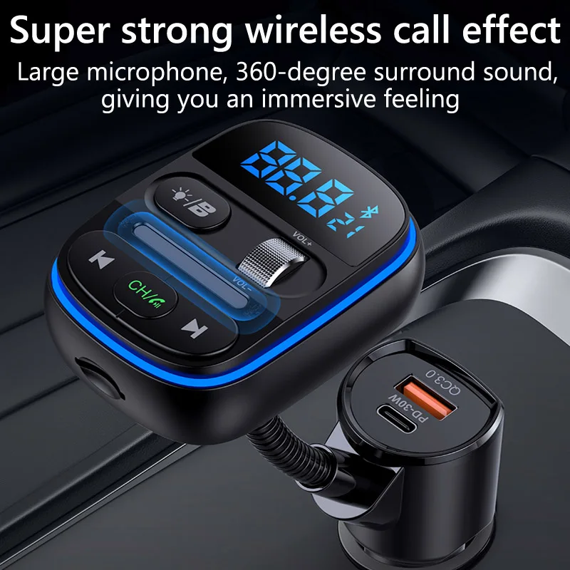 Qc3.0 Type C Pd 30W Fast Charging Colorful Light Handsfree Car Kit FM Transmitter Bass Wireless Car Mp3 Player
