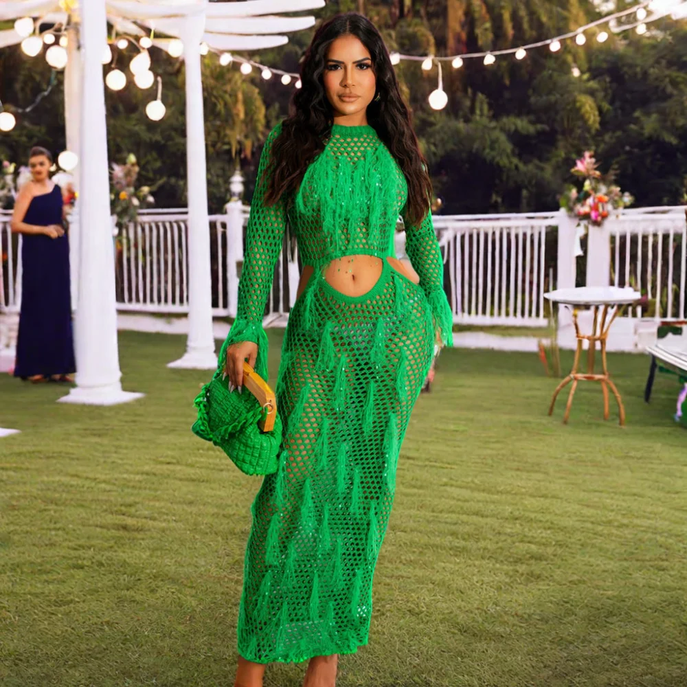 Bestwayclox 2024 New Arrival Crochet Sexy Cut-Out Mini Beach Skirt Handmade Knitted Long Dresses Hollow Faux Mink Fringed OEM