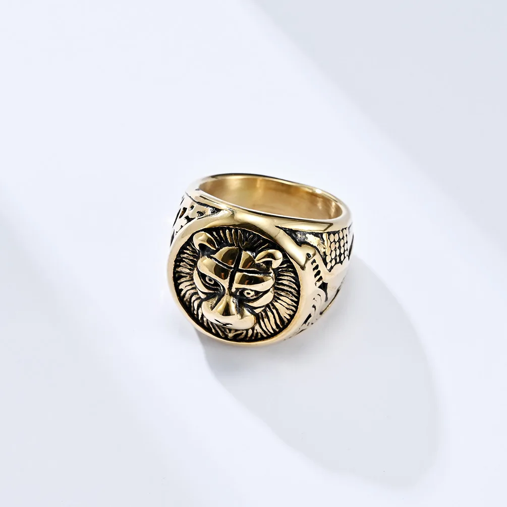 Hip Hop Round Flat Top Animal Pattern Rings for Men 18K Gold Plated Stainless Steel Lion Head Relief Finger Rings