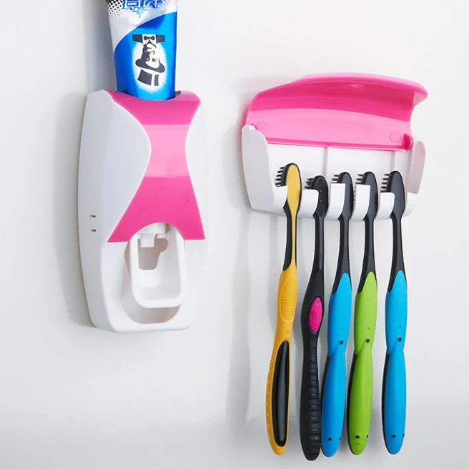 Wall Mounted Toothbrush Holder for Adults Kids Bathroom Set Automatic Toothpaste Squeezer Dispenser