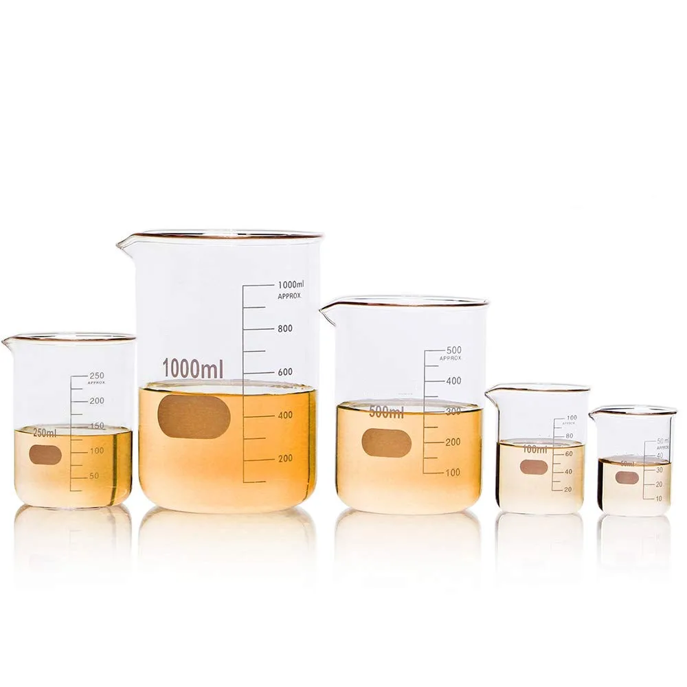 50ml 100ml 250ml 500ml 1000ml 3.3 Borosilicate  Low Form Glass Measuring Beaker with Printed Graduation