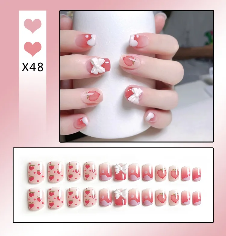 X46 24 pieces package of fake nails, gentle bean paste bow, removable and reusable nail art press on nails