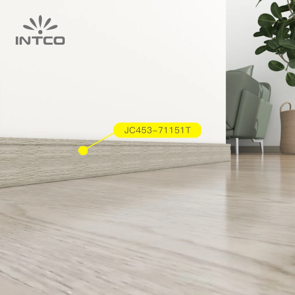 INTCO Hot Selling Waterproof Easy to Install Floor Accessories Wood Color Plastic Wall Skirting Decoration Baseboard
