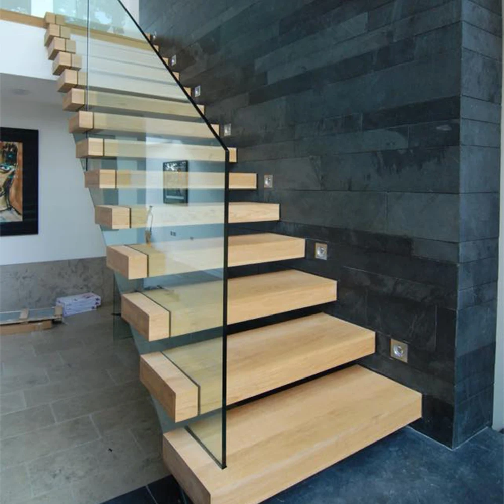 Hidden stringer staircase modern wood glass floating staircase