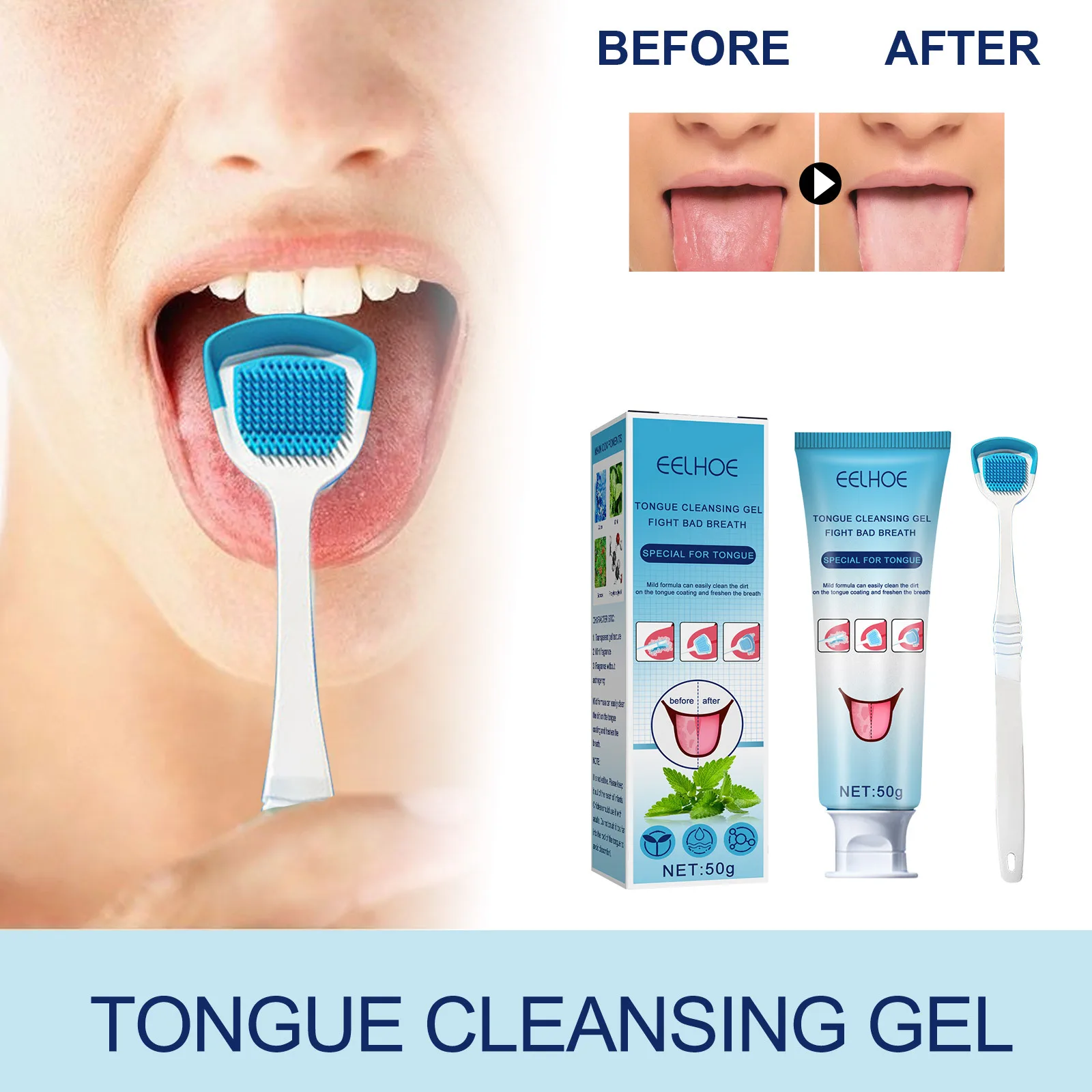 Tongue Coat Cleansing Oral Care Deodorizing breath Fresh Breath Tongue Coat Cleansing gel with brush