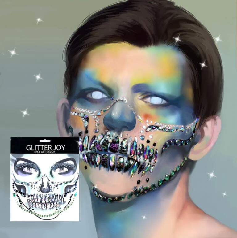 Custom Diamond Jewelry Rhinestone Crystal Halloween Face Temporary Tattoo Sticker