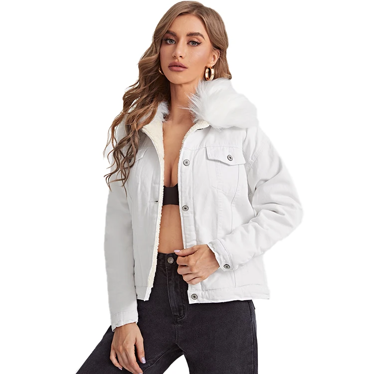 Women denim jacket with fur removable fur collar Teddy lined winter white denim coat for ladies