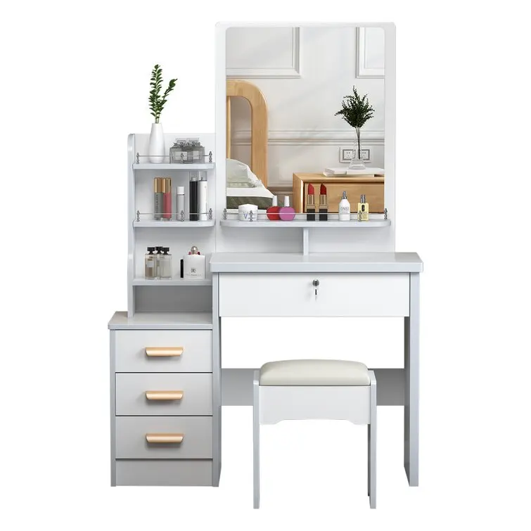 Bedroom Furniture Modern White Makeup Mirrored Vanity Dressing Table With Mirror And Stool