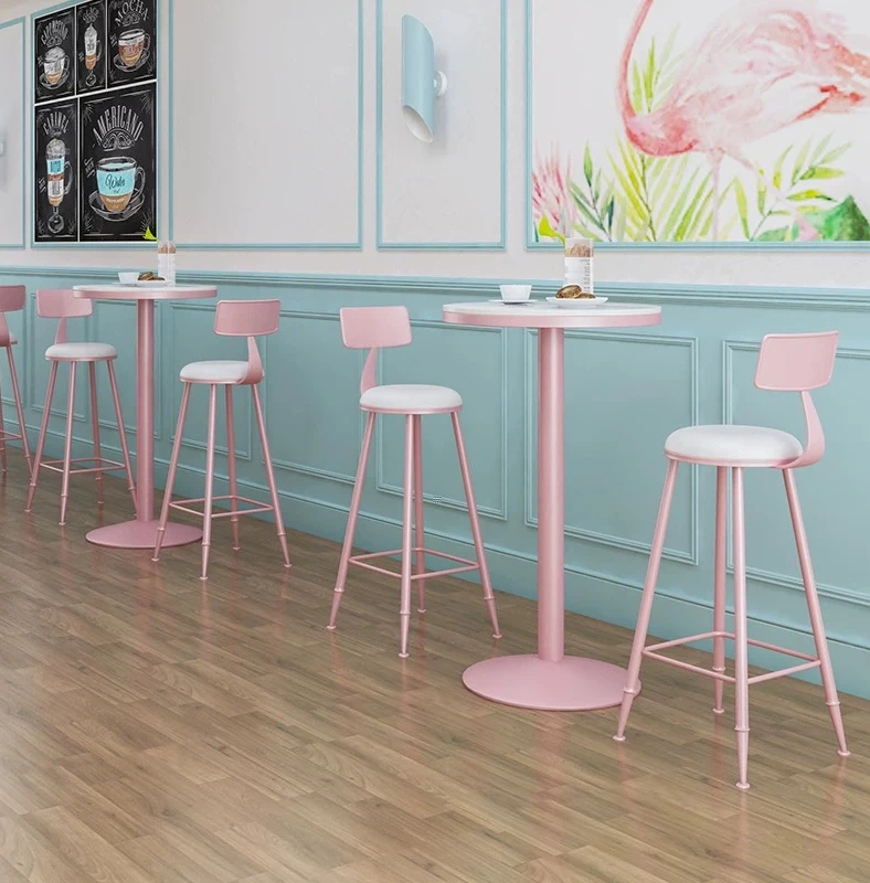 Nordic high bar pink tables chairs milk tea shop leisure simple balcony marble round bar table
