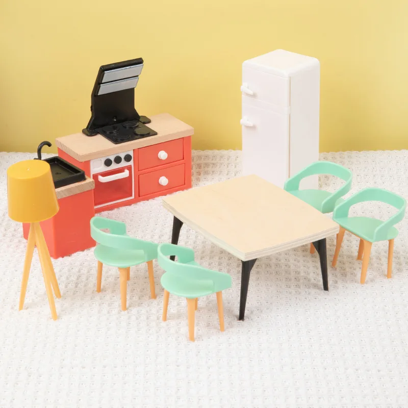 Wooden Dollhouse Furniture Set 40pcs Furnitures with 4 Family Dolls Dollhouse Accessories Pretend Play Toys for Boys Girls