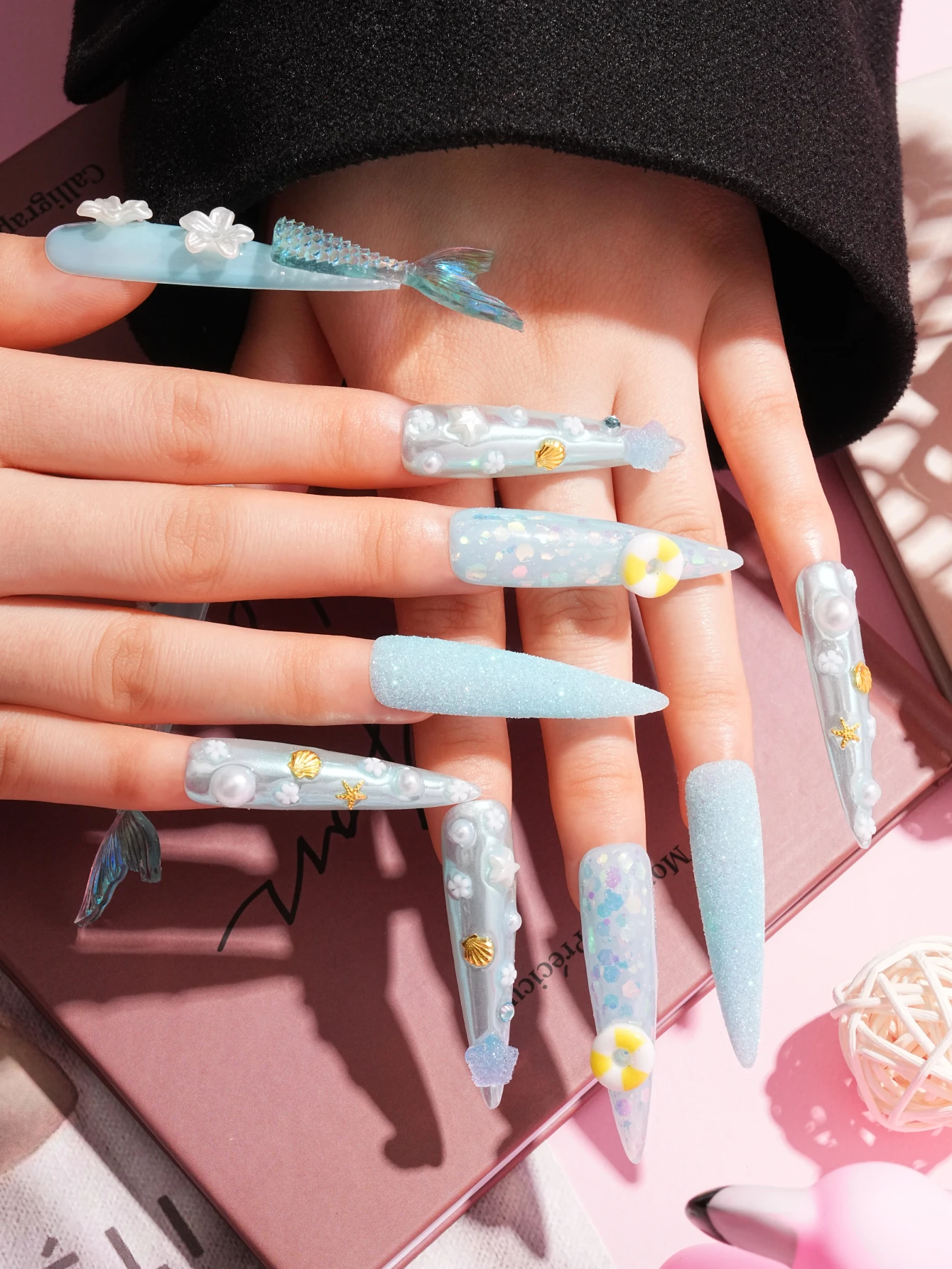 2023 Full Cover Long Ballerina Press On Acrylic Gel Nails Red Rhinestone French Handmade Press On Nails Custom Design 10 Pcs