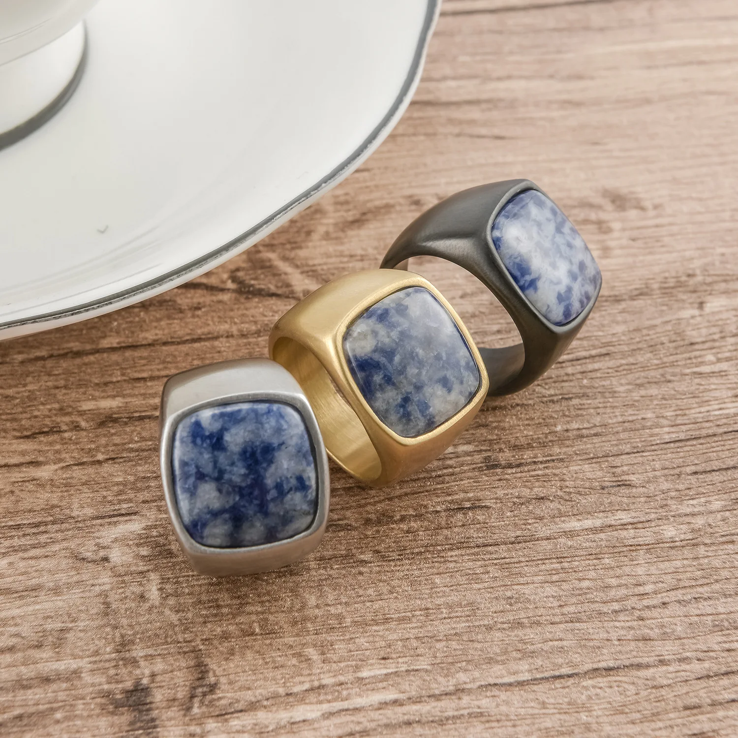Mens Classic Natural Stone Black Onyx Stainless Steel Nontarnish Waterproof Rings