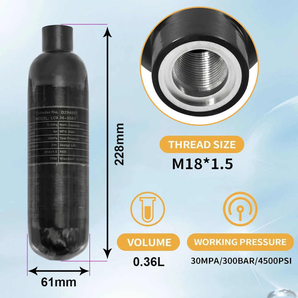 GP High Quality Safety CE Round Bottom High Pressure 0.36L 360cc 4500psi 300bar 30mpa PCP Paintball Game Carbon Fiber Air Tank