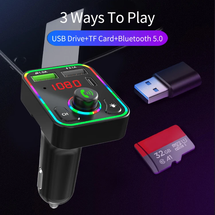 New Bluetooths 5.0 Car charger with colorful led light 3.1A Quick Adapter Dual USB Port Type C PD Car charging station charger