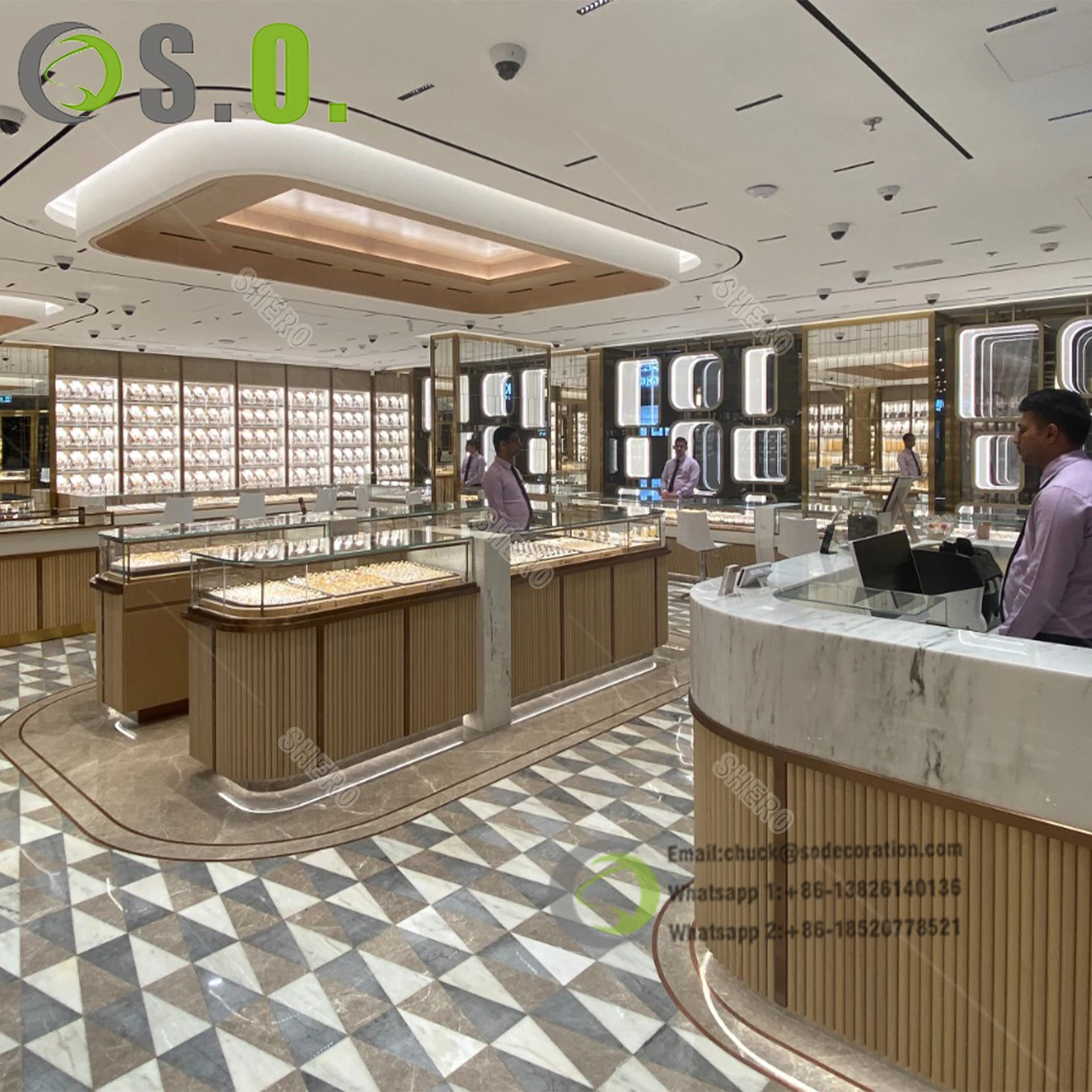 Luxury  jewelry glass display showcase  wood shop counter  3d rendering jewellery shop design