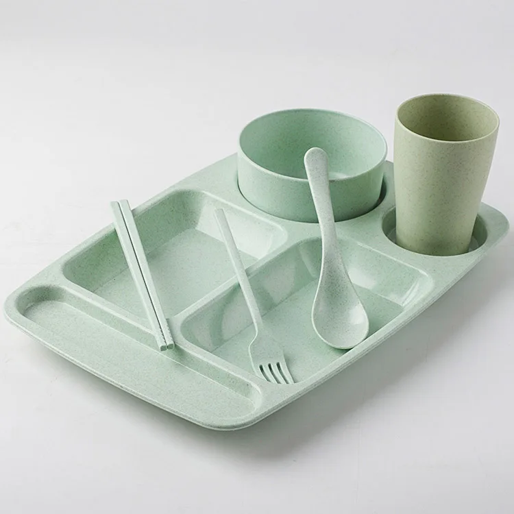 Lightweight Fiber Wheat Straw Plates Bowls Cutlery Set Dinnerware, Microwave and Dishwasher Safe Plastic Tableware Set for Kids