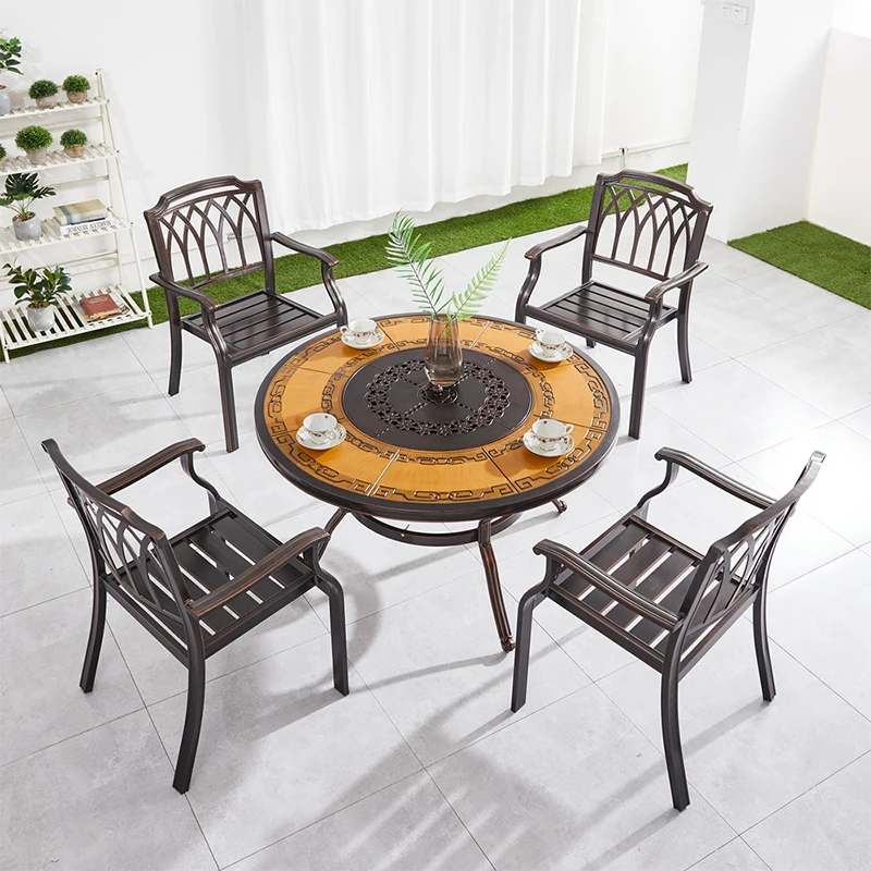 Manufacture Cast Aluminum Barbecue Table Chair Dining Round Table Rotating Hotpot Bbq Grill Set Metal Frame Aluminum Table