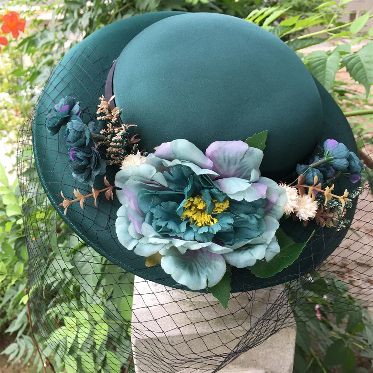 Lady Headpieces Fashion Wool Cloche Round Bucket Church Hat Women Formal Party Hat with Flower and Veil