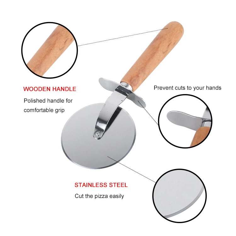 ANJUKE Wholesale Stainless Steel Kitchen Pizza Slicer Tools Natural Wooden Handle Pizza Wheel Wood Pizza Cutter