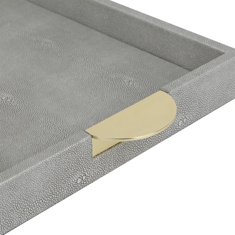 Luxury shagreen leather with mdf and semicircular gold handles decorative tray for coffee table