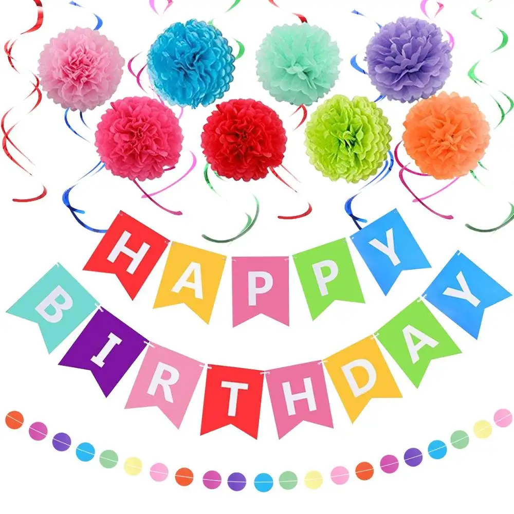 Happy Birthday Banner with Colorful Paper Flag Bunting Paper Circle Confetti Garland Swirl Colorful Happy Birthday Decorations