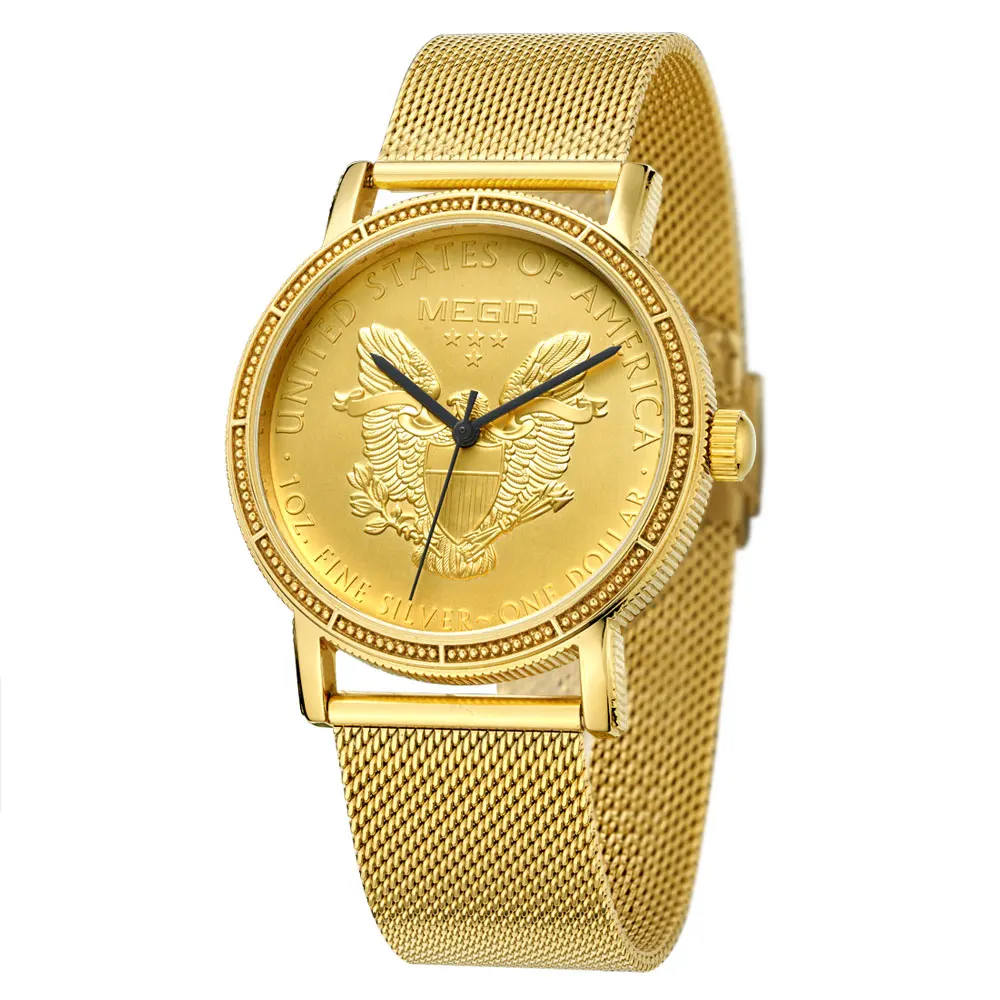 MEGIR 2032 USA badge Wristwatch Luxury Golden Bald Eagle Quartz Watch for Men
