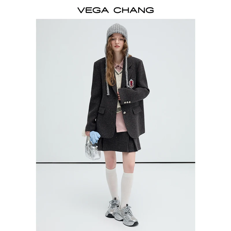 VEGA CHANG 2024 Suit Collar Wool Blend Vintage Preppy Suit Jacket Woolen Coat