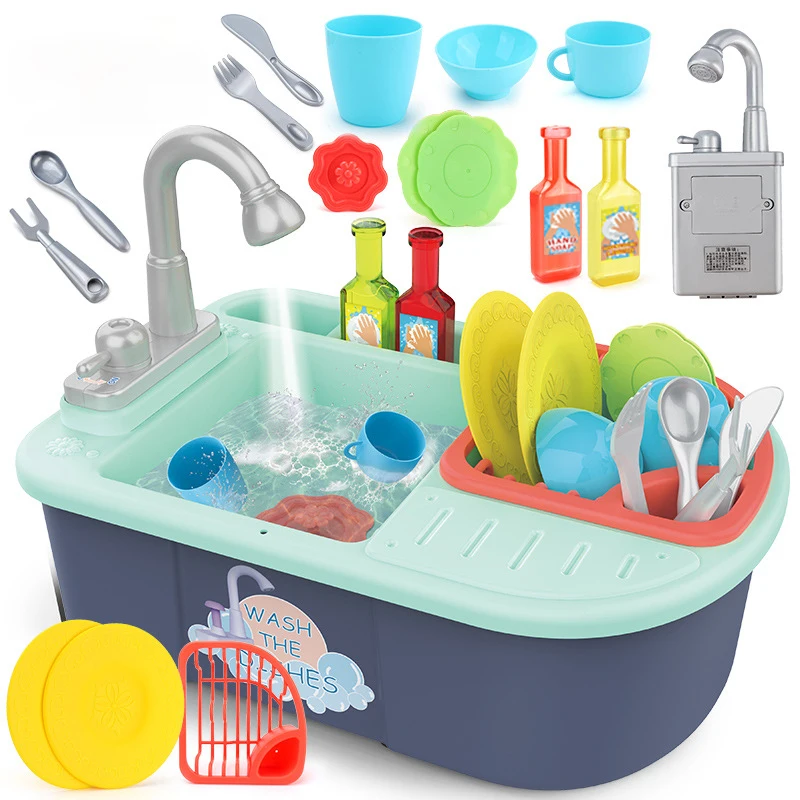 NK Toys Children Electric Dish Washer Set Baby Kitchen Washing Sink Circulate Water Faucet Role Play Mini Washing Machine Toy