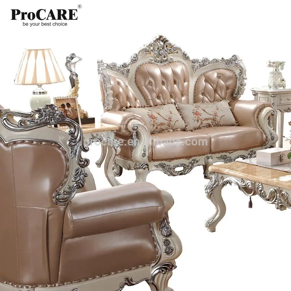 European Luxury French Baroque Style Royal Living Room Furniture Set Golden Sofas Palace Wooden Hand Carved Leather Sofa Set