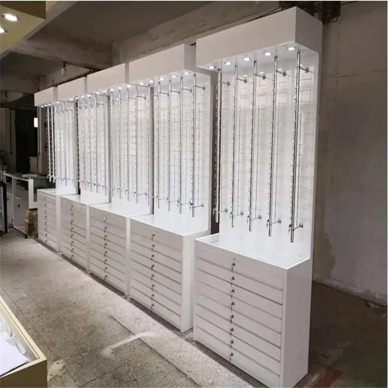Advertising Furniture Optical Floor Standing Locking Sunglass Display Rack Led Wall Mounted Eyewear Shelf cabinet with Rod