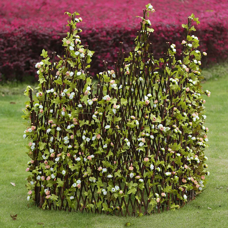 LFL Easily Assembled Rot Proof Durable Eco-friendly Garden Simulated Wooden Telescopic Fence with Leaves