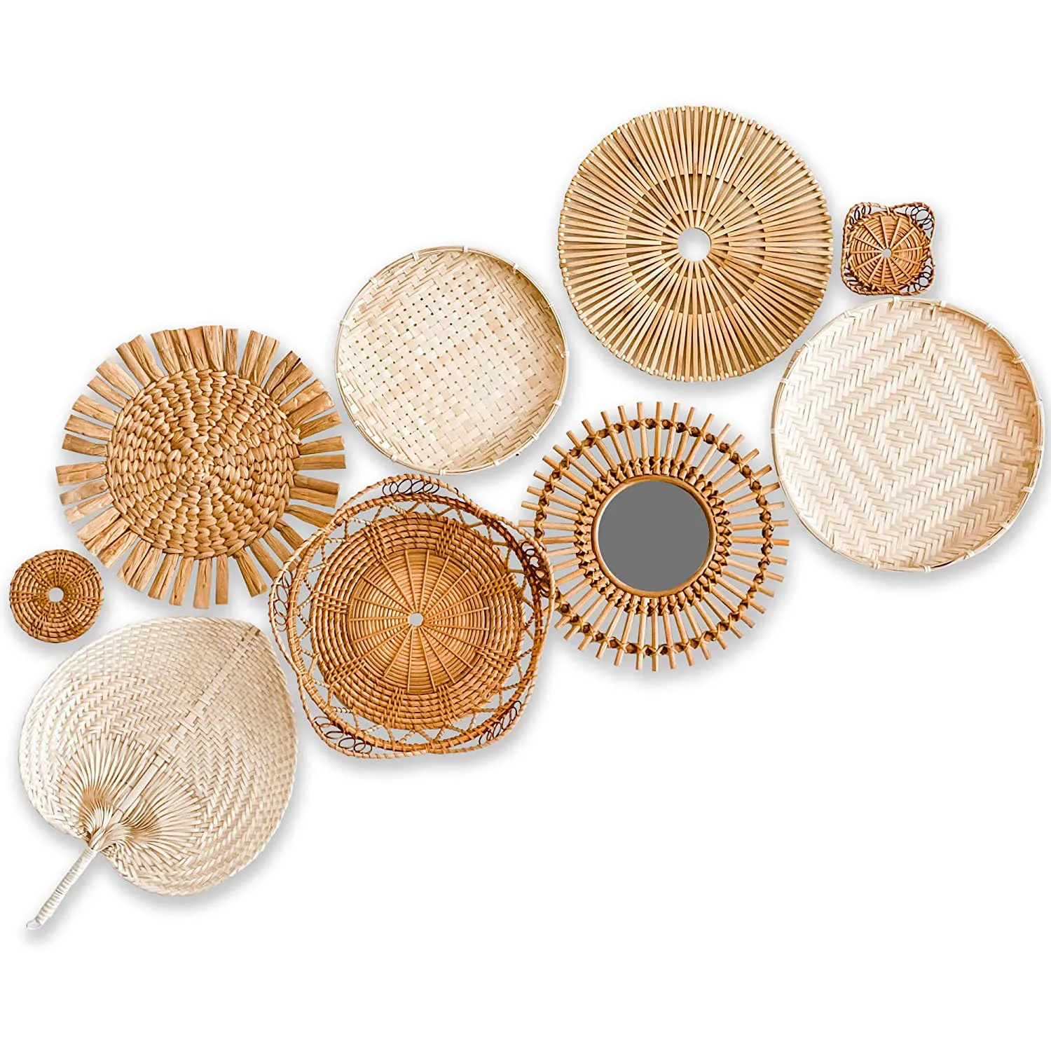 Nordic Style Best Collection Round Shape Raffia Material decorative items for living room Wicker Wall Decor set of 9