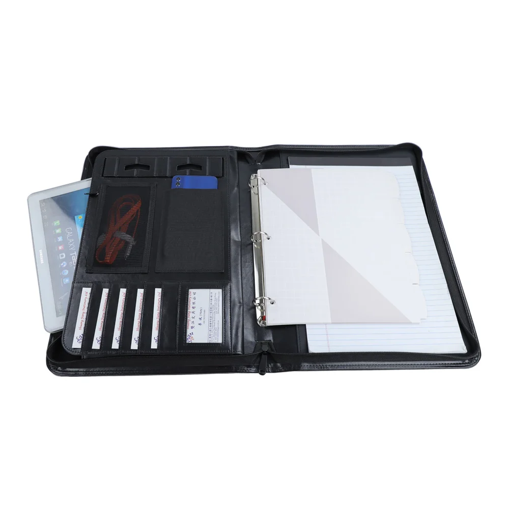 High quality file binder pocket 3 ring zipper portfolio document folders with padfolio pad holder