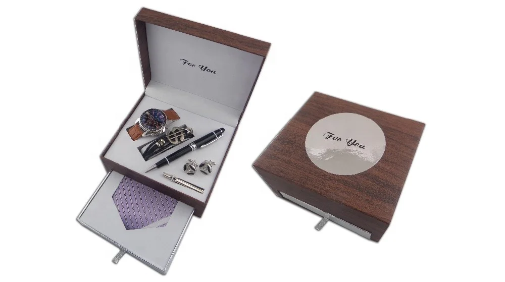 Black Leather Watch Wallet Belt Bracelet Chain Ballpoint Pen Gift Set Box For Present Business Gift Men Set