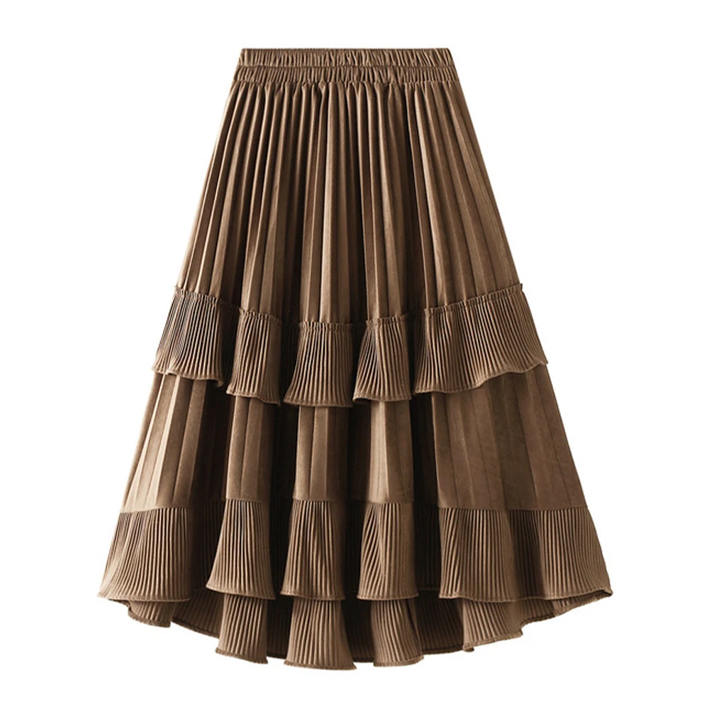 Short Front Long Back Irregular Skirt VD3273 Women Black Coffee Pleated Velvet Autumn Winter Skirts