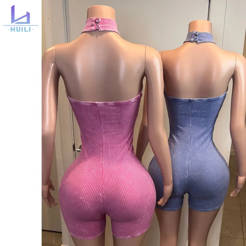 Huili Manufacturer 2024 New Arrivals Stretch Ribbed Knit One Piece Tight Jumpsuits Sleeveless Sexy Backless Bodysuits For Women