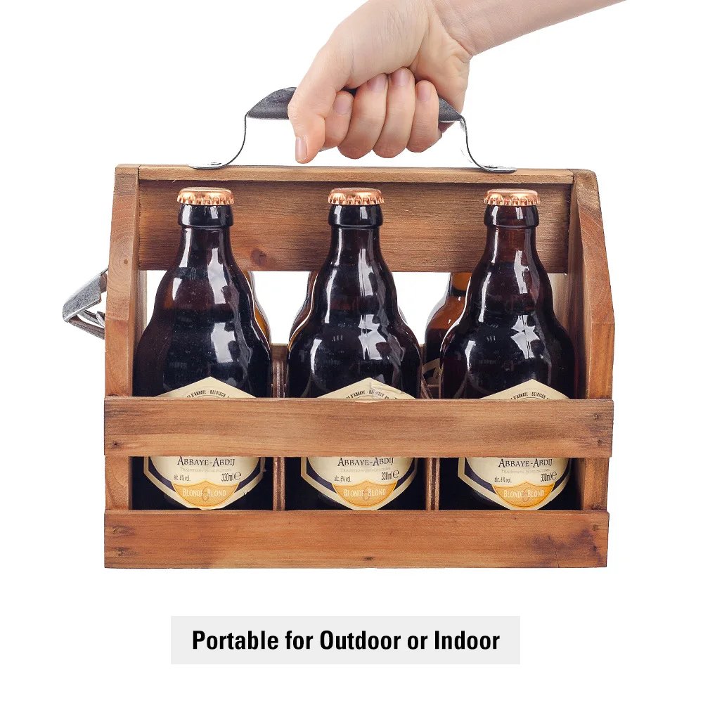 Wooden 6-Bottle Beer Bottle Portable Storage Basket with Detachable Interior and Equipped with a Metal Bottle Opener