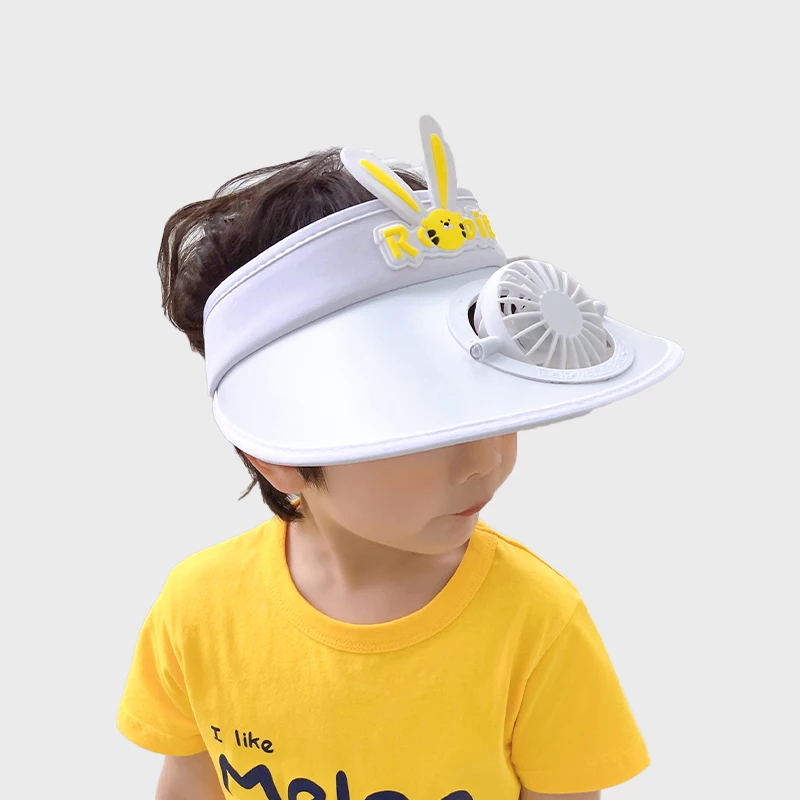 Cute Children Sun Hat With Silicone Rabbit Ear Patch Cooling Fan On Top Visor Caps Hats Rechargeable Design For Kid