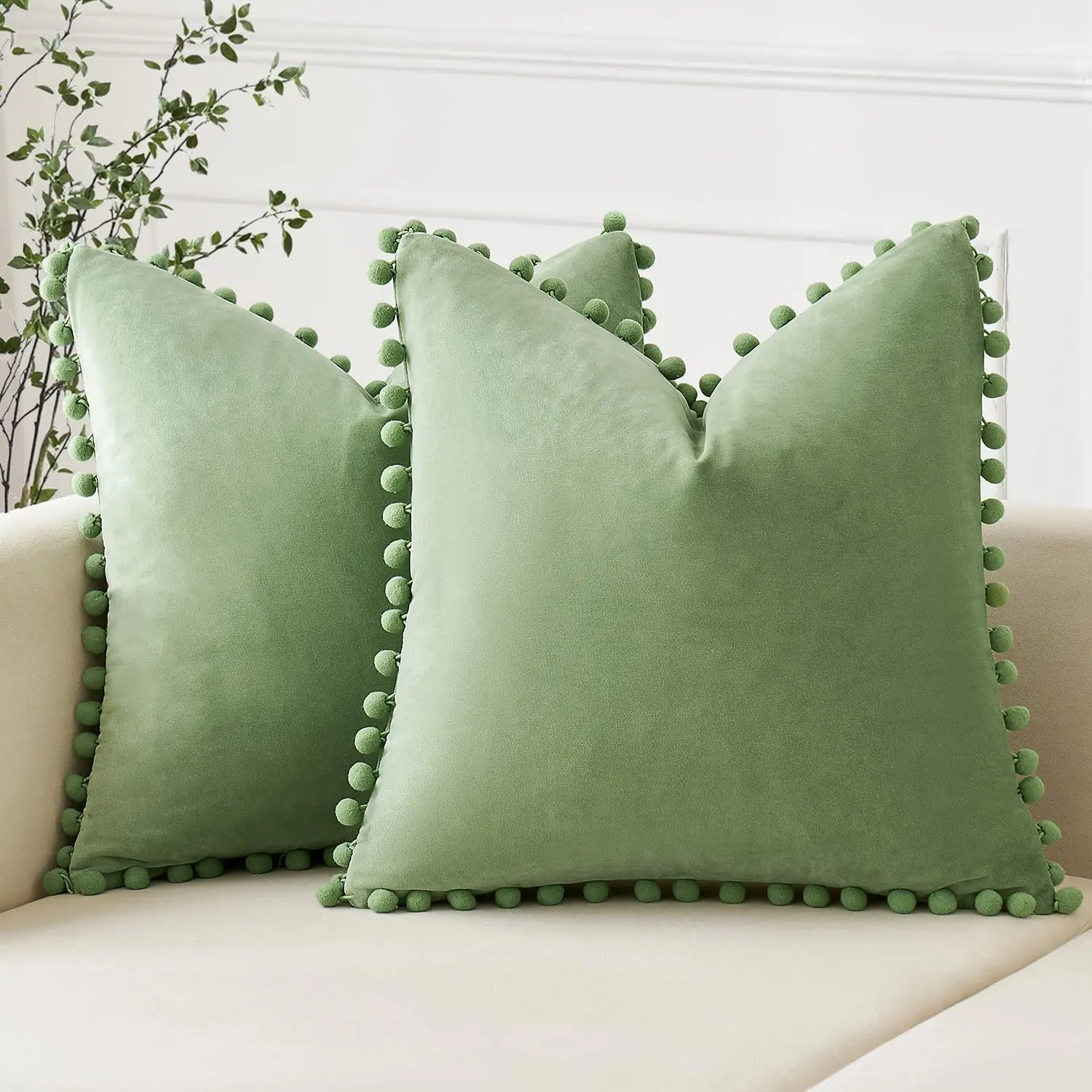 Farmhouse Cushion Pillow Covers Decorative Throw Pillow Case Cover Sage Green Throw Pillows With Pompoms