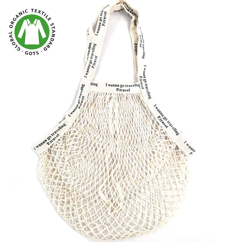 Grocery Shopping Net Tote Washable Biodegradable Eco Friendly GOTS Reusable Produce Drawstring Pouch Organic Cotton Mesh Bags