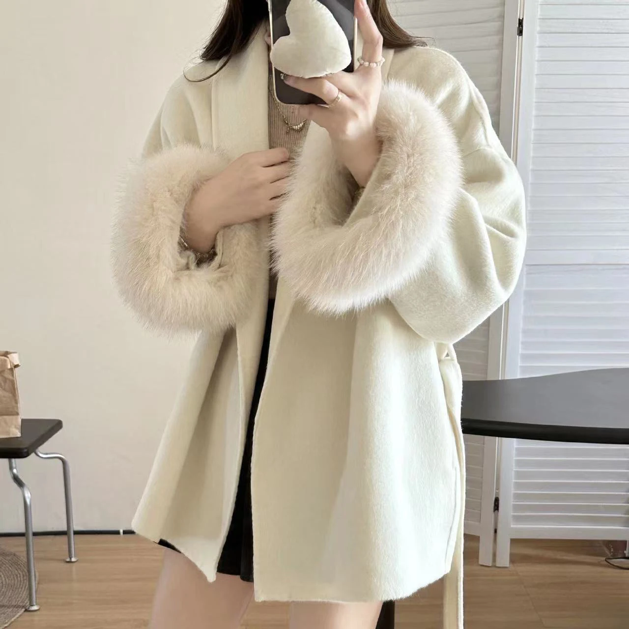 Custom Handmade Outdoor Winter Belted Double Faced Women Classic Cashmere Coat Luxury Real Big Fox Fur Cuff White Wool Coat